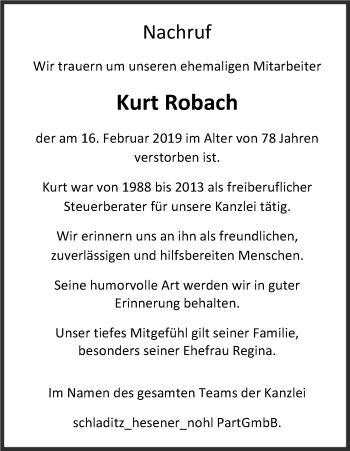 Anzeige von Kurt Robach von Kölner Stadt-Anzeiger / Kölnische Rundschau / Express