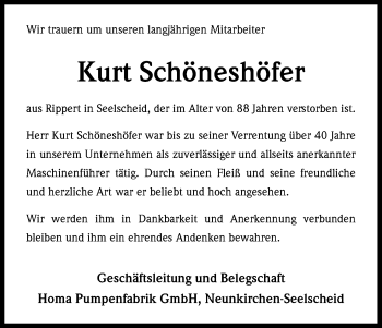 Anzeige von Kurt Schöneshöfer von Kölner Stadt-Anzeiger / Kölnische Rundschau / Express