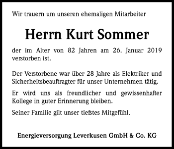 Anzeige von Kurt Sommer von Kölner Stadt-Anzeiger / Kölnische Rundschau / Express