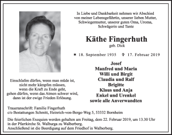 Anzeige von Käthe Fingerhuth von  Schlossbote/Werbekurier 