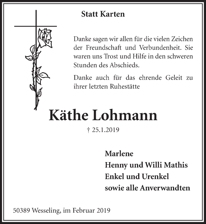  Traueranzeige für Käthe Lohmann vom 27.02.2019 aus  Schlossbote/Werbekurier 