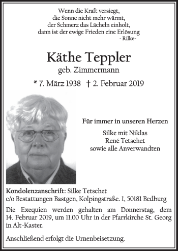 Anzeige von Käthe Teppler von  Sonntags-Post 