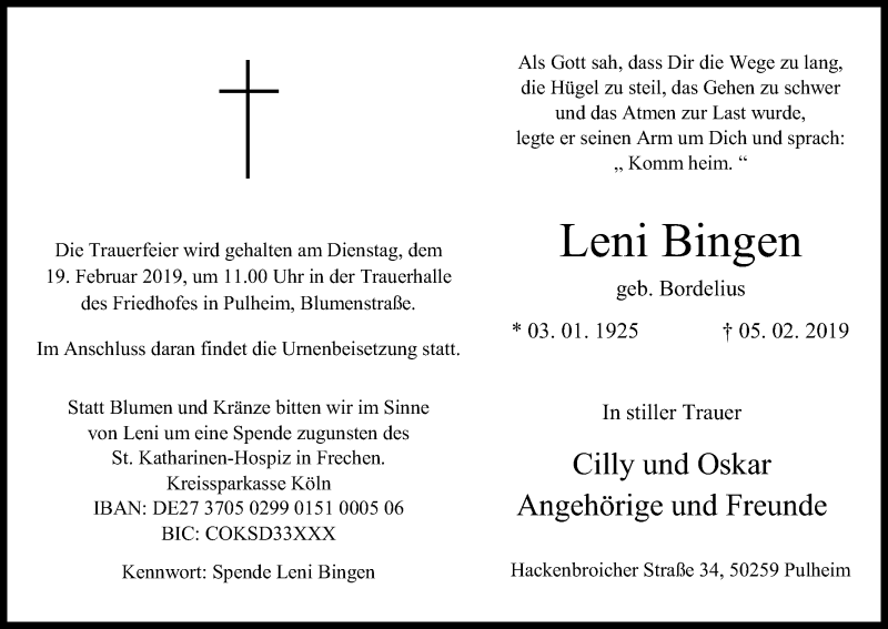  Traueranzeige für Leni Bingen vom 16.02.2019 aus Kölner Stadt-Anzeiger / Kölnische Rundschau / Express