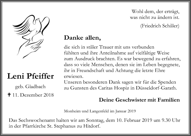  Traueranzeige für Leni Pfeiffer vom 02.02.2019 aus Kölner Stadt-Anzeiger / Kölnische Rundschau / Express