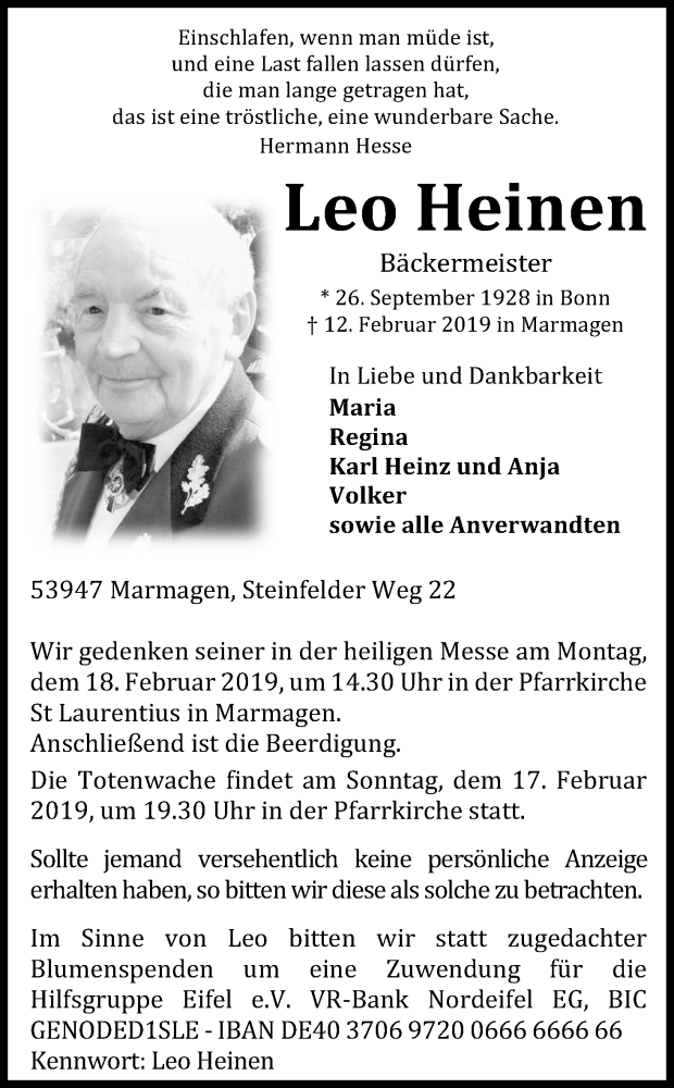  Traueranzeige für Leo Heinen vom 16.02.2019 aus Kölner Stadt-Anzeiger / Kölnische Rundschau / Express