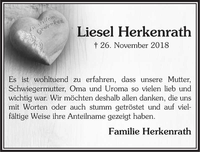  Traueranzeige für Liesel Herkenrath vom 06.02.2019 aus  Bergisches Handelsblatt 