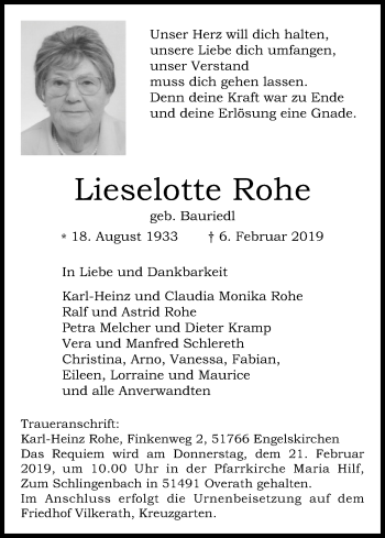 Anzeige von Lieselotte Rohe von Kölner Stadt-Anzeiger / Kölnische Rundschau / Express