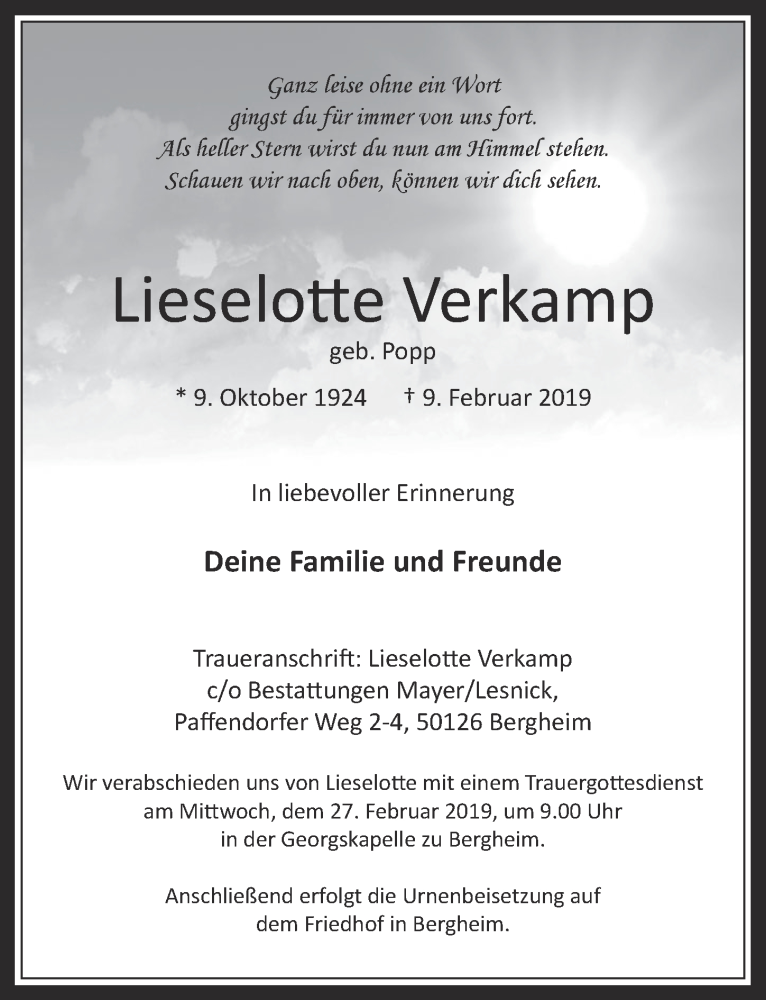  Traueranzeige für Lieselotte Verkamp vom 20.02.2019 aus  Werbepost 