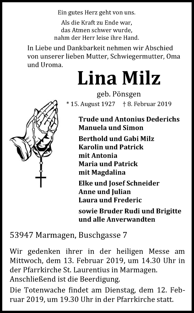  Traueranzeige für Lina Milz vom 12.02.2019 aus Kölner Stadt-Anzeiger / Kölnische Rundschau / Express