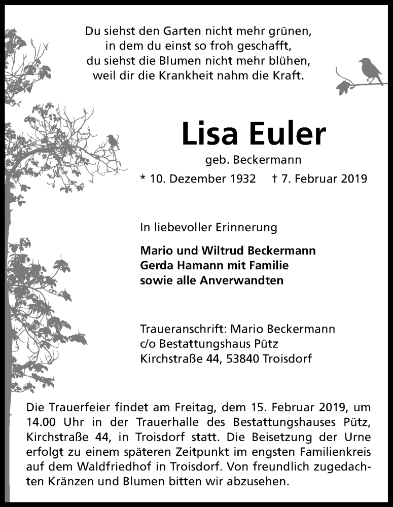  Traueranzeige für Lisa Euler vom 09.02.2019 aus Kölner Stadt-Anzeiger / Kölnische Rundschau / Express
