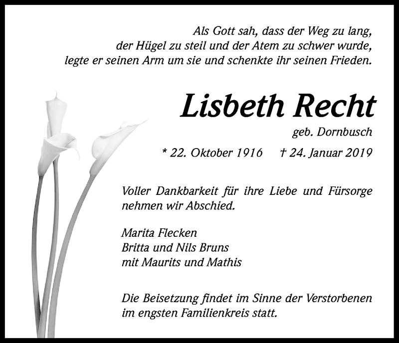  Traueranzeige für Lisbeth Recht vom 02.02.2019 aus Kölner Stadt-Anzeiger / Kölnische Rundschau / Express