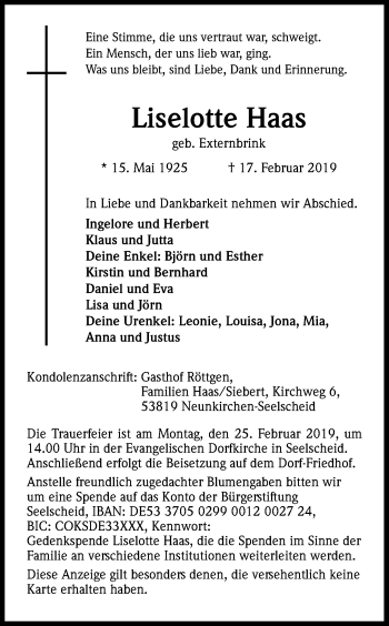 Anzeige von Liselotte Haas von Kölner Stadt-Anzeiger / Kölnische Rundschau / Express