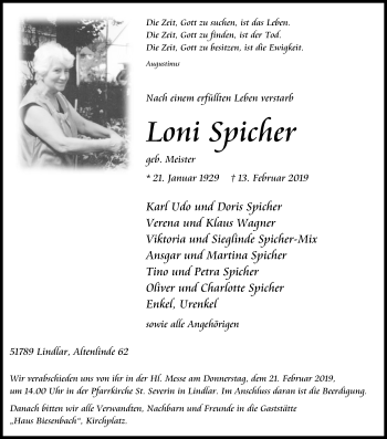 Anzeige von Loni Syicher von Kölner Stadt-Anzeiger / Kölnische Rundschau / Express