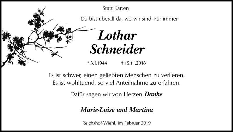  Traueranzeige für Lothar Schneider vom 02.02.2019 aus Kölner Stadt-Anzeiger / Kölnische Rundschau / Express
