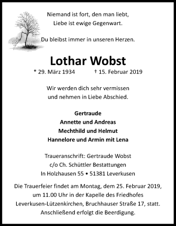 Anzeige von Lothar Wobst von Kölner Stadt-Anzeiger / Kölnische Rundschau / Express