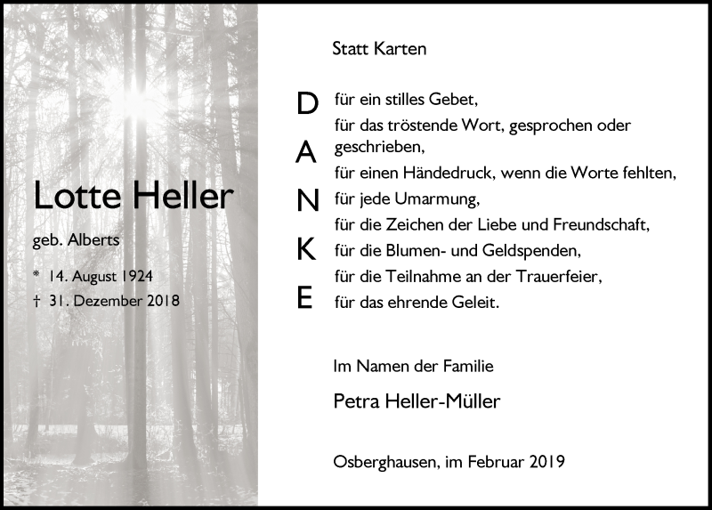  Traueranzeige für Lotte Heller vom 06.02.2019 aus  Anzeigen Echo 