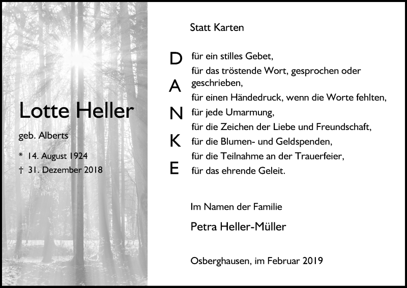  Traueranzeige für Lotte Heller vom 09.02.2019 aus Kölner Stadt-Anzeiger / Kölnische Rundschau / Express