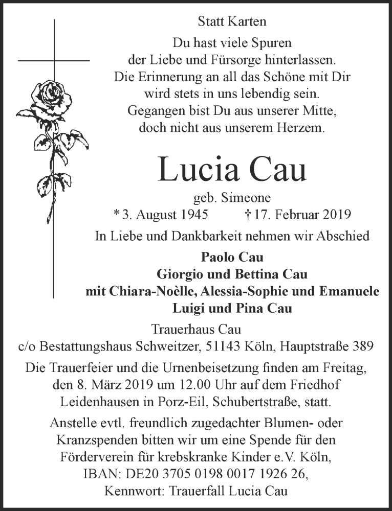  Traueranzeige für Lucia Cau vom 27.02.2019 aus  Kölner Wochenspiegel 