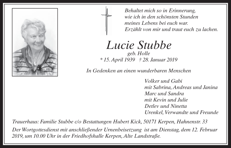  Traueranzeige für Lucie Stubbe vom 06.02.2019 aus  Werbepost 