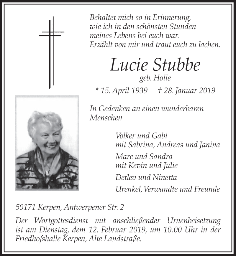  Traueranzeige für Lucie Stubbe vom 09.02.2019 aus  Sonntags-Post 