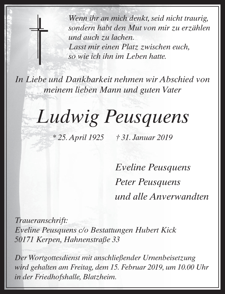 Traueranzeige für Ludwig Peusquens vom 06.02.2019 aus  Werbepost 
