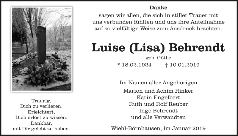  Traueranzeige für Luise  Behrendt vom 27.02.2019 aus  Anzeigen Echo 