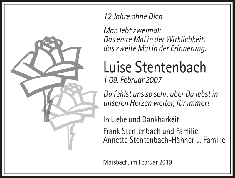  Traueranzeige für Luise Stentenbach vom 06.02.2019 aus  Lokalanzeiger 