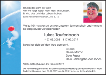 Anzeige von Lukas Taufenbach von Kölner Stadt-Anzeiger / Kölnische Rundschau / Express