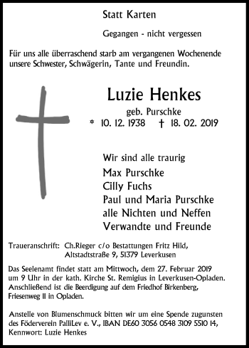 Anzeige von Luzie Henkes von Kölner Stadt-Anzeiger / Kölnische Rundschau / Express