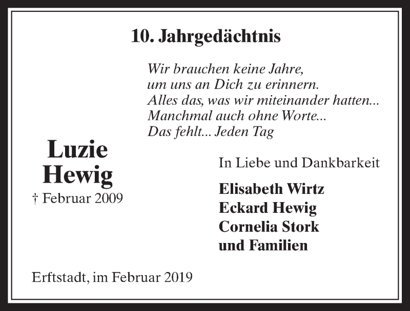  Traueranzeige für Luzie Hewig vom 13.02.2019 aus  Werbepost 