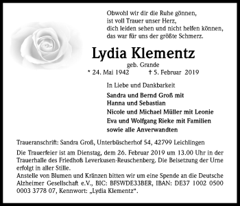 Anzeige von Lydia Klementz von Kölner Stadt-Anzeiger / Kölnische Rundschau / Express