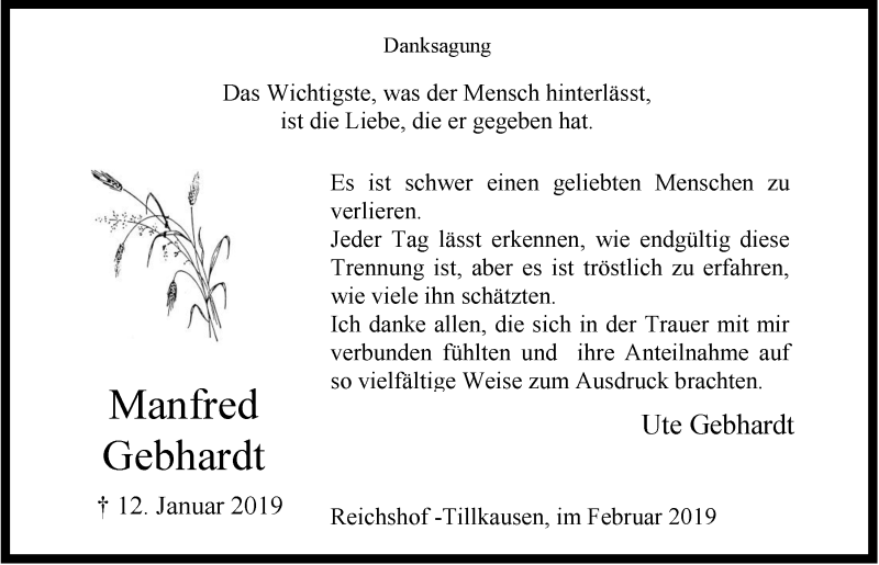  Traueranzeige für Manfred Gebhardt vom 13.02.2019 aus  Anzeigen Echo 