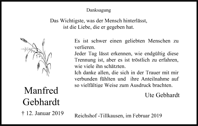  Traueranzeige für Manfred Gebhardt vom 14.02.2019 aus Kölner Stadt-Anzeiger / Kölnische Rundschau / Express