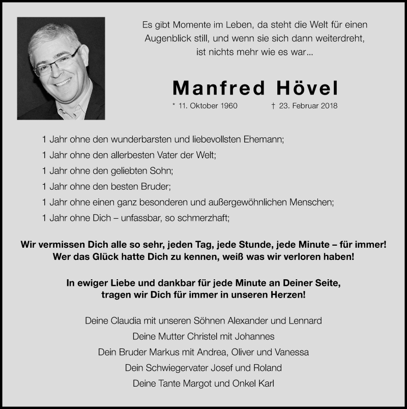  Traueranzeige für Manfred Hövel vom 23.02.2019 aus Kölner Stadt-Anzeiger / Kölnische Rundschau / Express