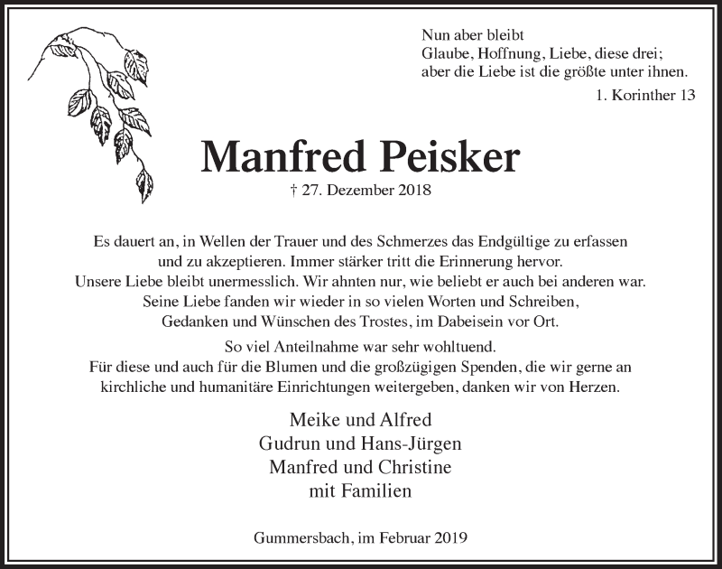  Traueranzeige für Manfred Peisker vom 06.02.2019 aus  Anzeigen Echo 