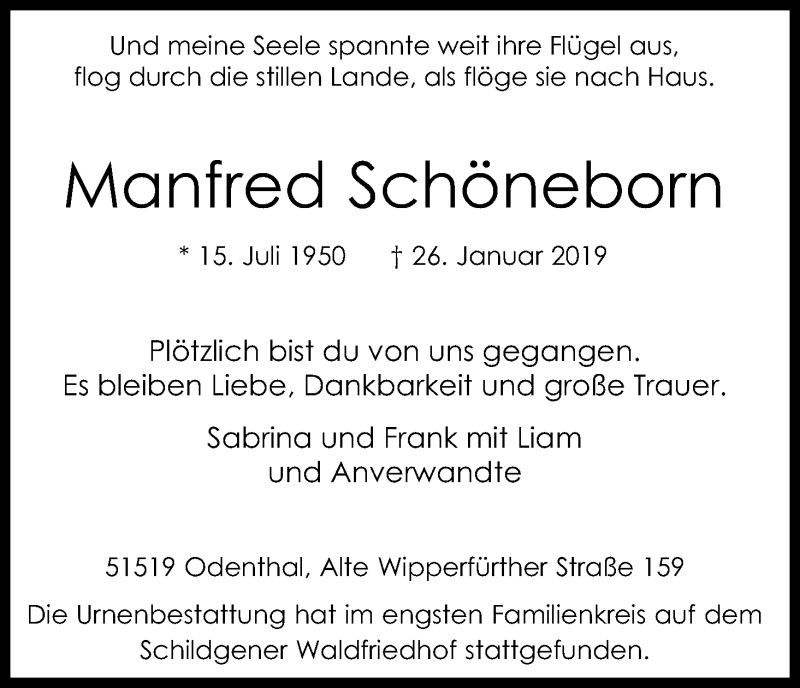  Traueranzeige für Manfred Schöneborn vom 02.02.2019 aus Kölner Stadt-Anzeiger / Kölnische Rundschau / Express