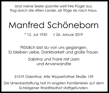 Anzeige von Manfred Schöneborn von Kölner Stadt-Anzeiger / Kölnische Rundschau / Express