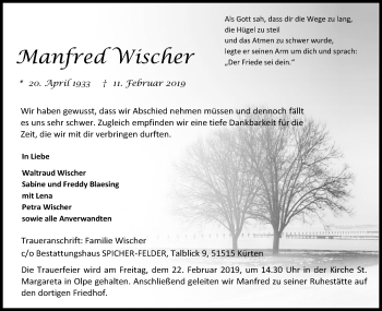 Anzeige von Manfred Wischer von Kölner Stadt-Anzeiger / Kölnische Rundschau / Express