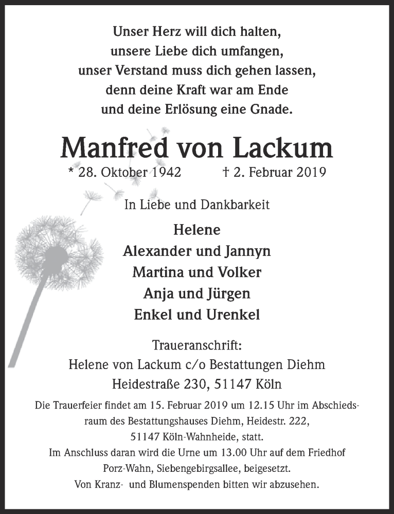  Traueranzeige für Manfred von Lackum vom 13.02.2019 aus  Kölner Wochenspiegel 