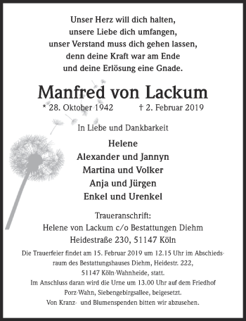 Anzeige von Manfred von Lackum von  Kölner Wochenspiegel 