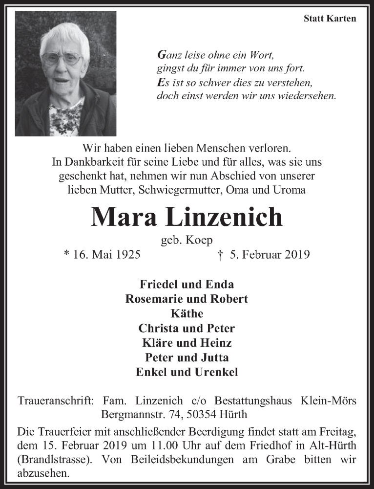  Traueranzeige für Mara Linzenich vom 13.02.2019 aus  Wochenende 