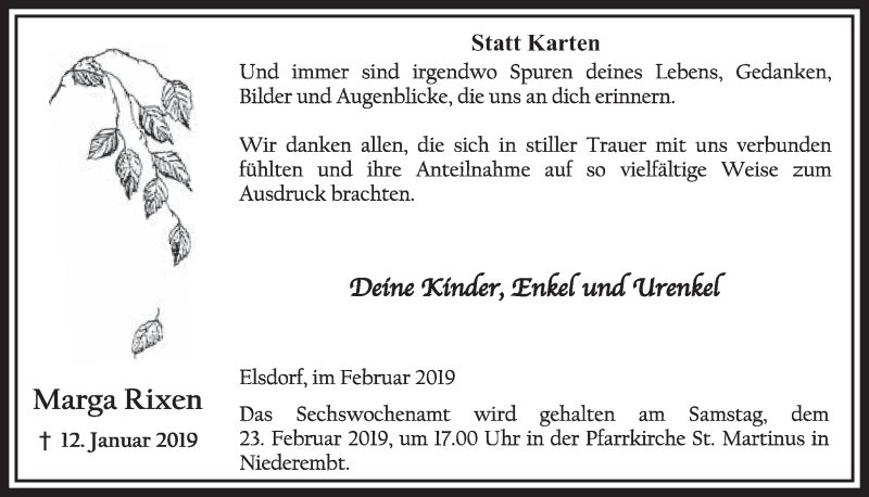  Traueranzeige für Marga Rixen vom 16.02.2019 aus  Sonntags-Post 
