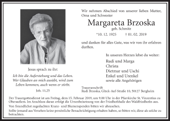 Anzeige von Margareta Brzoska von  Sonntags-Post 