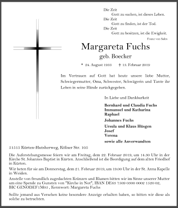 Anzeige von Margareta Fuchs von Kölner Stadt-Anzeiger / Kölnische Rundschau / Express
