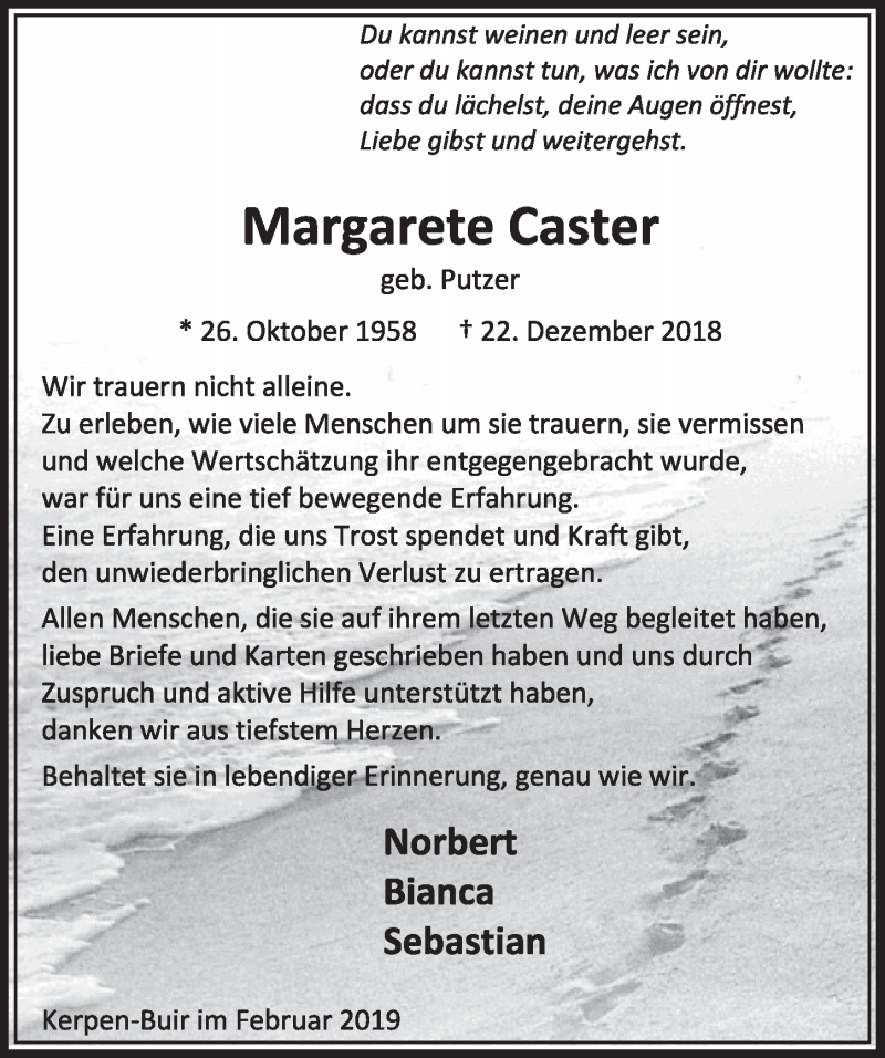  Traueranzeige für Margarete Caster vom 02.02.2019 aus  Sonntags-Post 