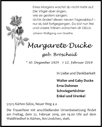 Anzeige von Margarete Ducke von  Bergisches Handelsblatt 