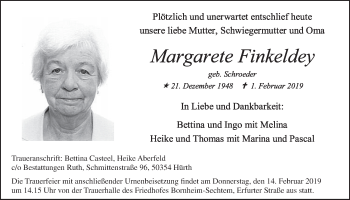 Anzeige von Margarete Finkeldey von  Schlossbote/Werbekurier 
