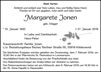 Anzeige von Margarete Jonen von Kölner Stadt-Anzeiger / Kölnische Rundschau / Express