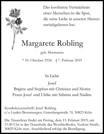 Anzeige von Margarete Robling von Kölner Stadt-Anzeiger / Kölnische Rundschau / Express