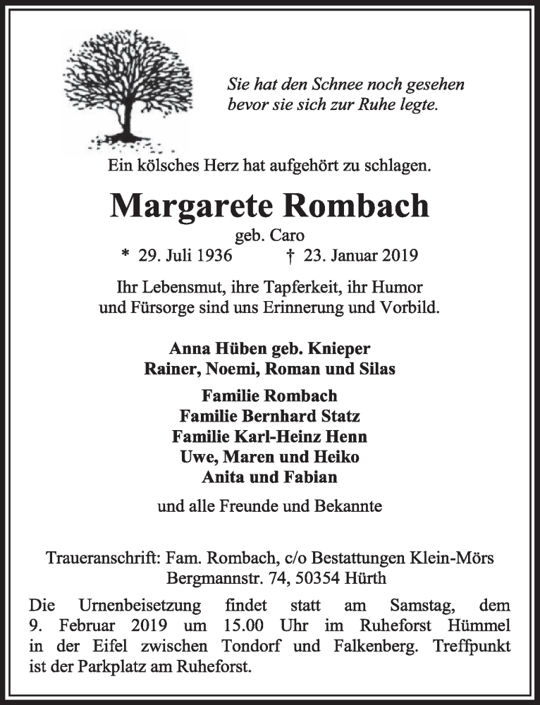  Traueranzeige für Margarete Rombach vom 02.02.2019 aus  Sonntags-Post 